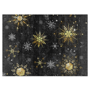 Planche À Découper Flocons de neige dorés de Noël sur fond noir