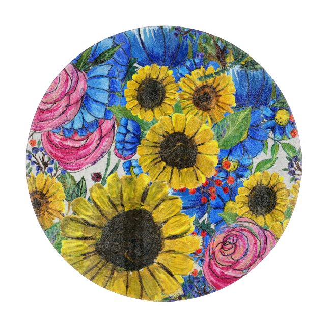 Planche À Découper Floral bleu jaune rose sans joint (Devant)