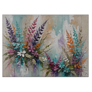 Planche À Découper Floral coloré sur Bleu Beige Blanc Lavande