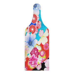 Planche À Découper Floral japonais traditionnel bleu rose verre rouge