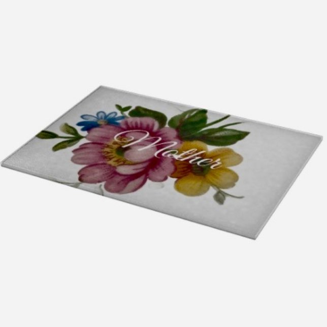 Planche à découper florale inspirée de la porcelai (Glass Cutting Board – 5 different sizes. 100% food safe.  tempered glass Non-skid rubber feet. 
)