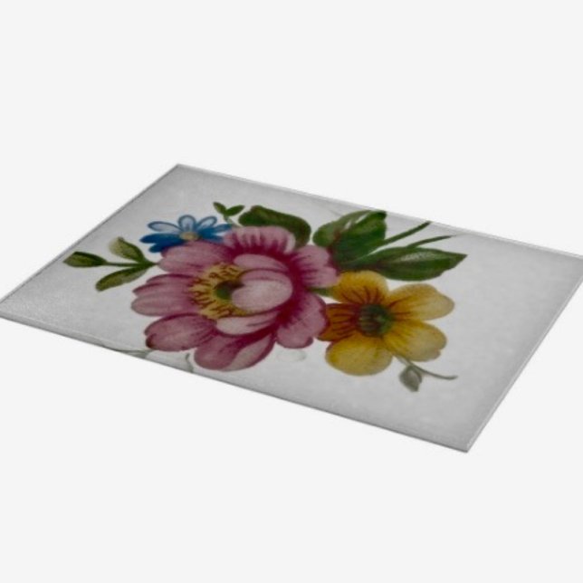 Planche à découper florale inspirée de la porcelai (Glass Cutting Board – 5 different sizes. 100% food safe.  tempered glass Non-skid rubber feet. 
)