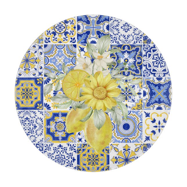Planche À Découper Flores de mosaïque en bleu et jaune (Devant)
