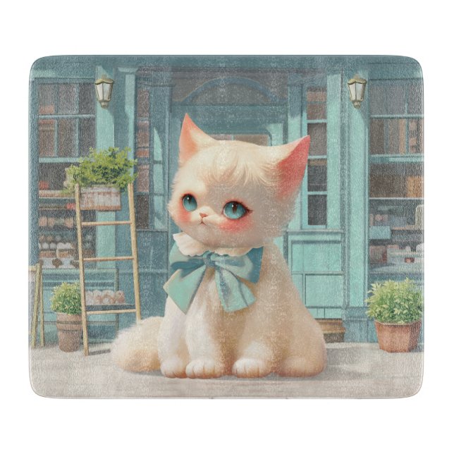Planche À Découper Fluffy Kitten avec Blue Bow à la pâtisserie (Devant)