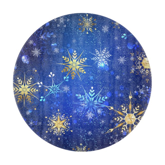 Planche À Découper Fond bleu de Noël avec flocons d'or (Devant)