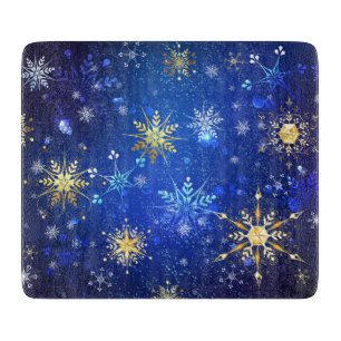 Planche À Découper Fond bleu de Noël avec flocons d'or