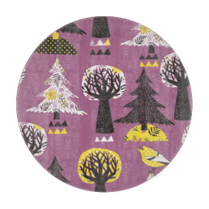 Planche À Découper Forêt colorée avec oiseaux, tuile transparente.