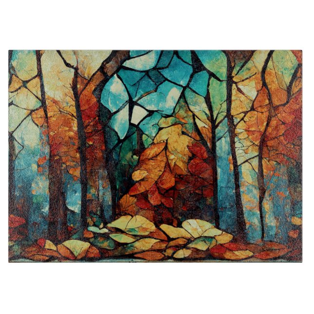 Planche À Découper Forêt d'automne en mosaïque abstraite (Devant)