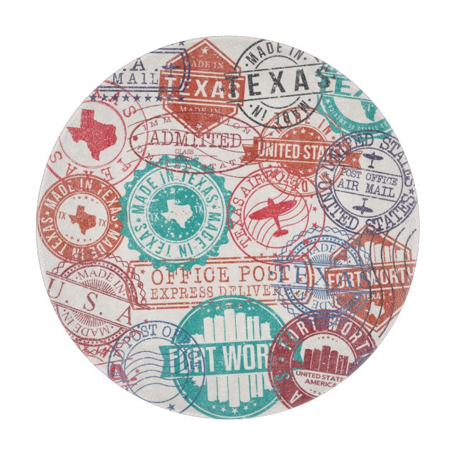 Planche À Découper Fort Worth Texas : timbres de voyage. (Devant)