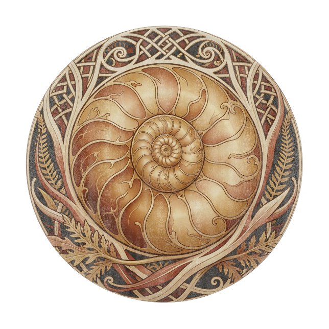 Planche À Découper Fossile d'ammonite dorée Cadre celtique Motif orné (Devant)