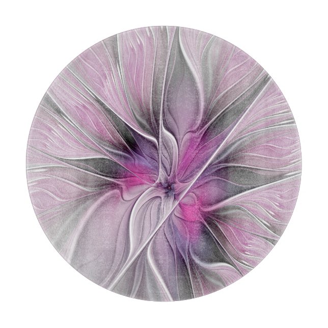 Planche À Découper Fractal Floral Moderne Abstrait Fleur Rose Gris (Devant)