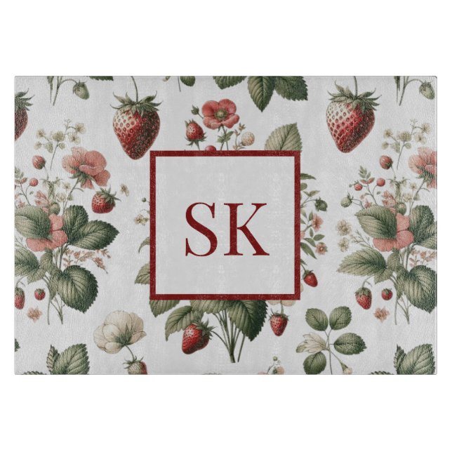 Planche À Découper Fraise Sucrée & Motif Floral Monogramme Personnali (Devant)