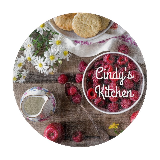 Planche À Découper Framboises dans un bol Cuisine florale rustique (Devant)