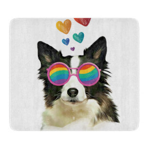 Planche À Découper Frontière Collie Chien avec Coeurs Saint-Valentin