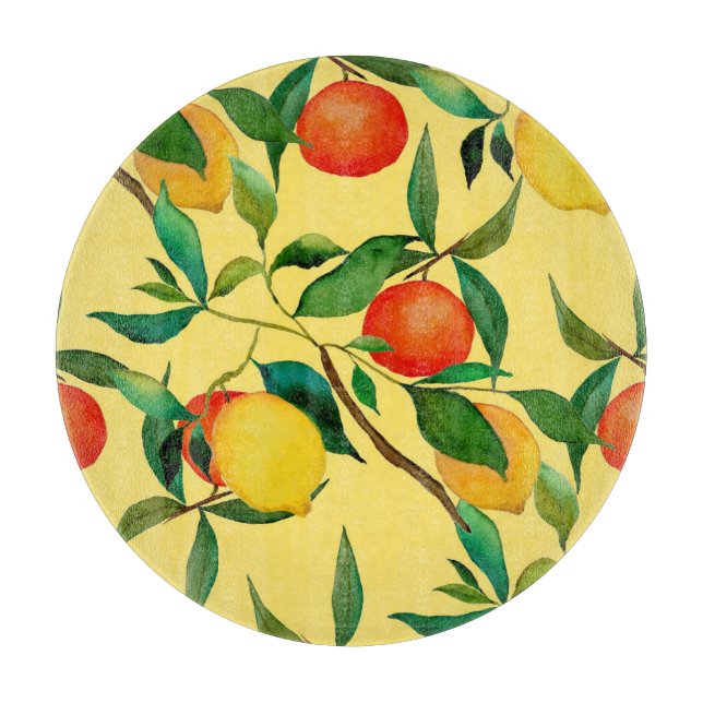 Planche À Découper Fruits d'agrumes, motif d'aquarelle vibrante. (Devant)