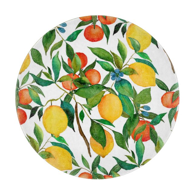 Planche À Découper Fruits d'agrumes, motif d'aquarelle vibrante. (Devant)
