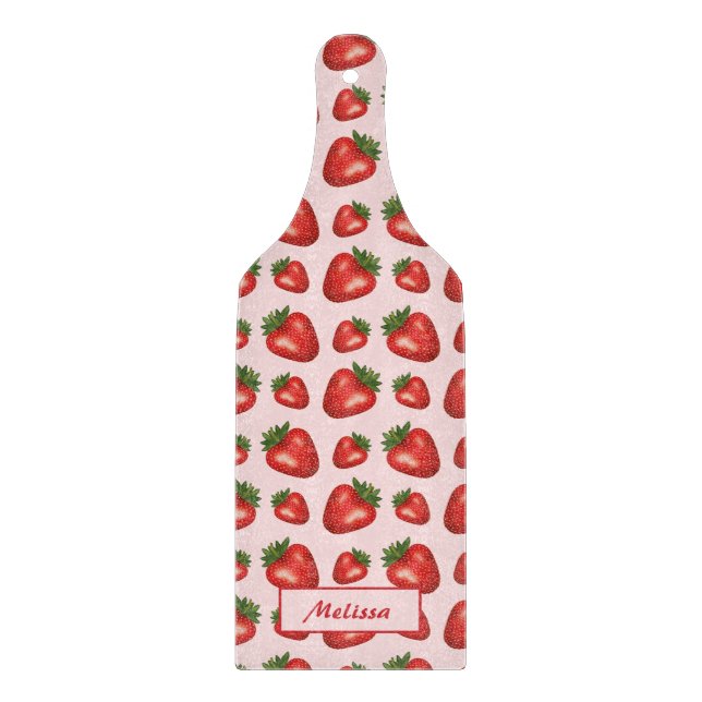Planche À Découper Fruits De Fraise Motif Sur Rose Avec Nom Personnal (Devant)