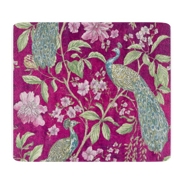 Planche À Découper Fuchsia Chinoiserie paon floral (Devant)