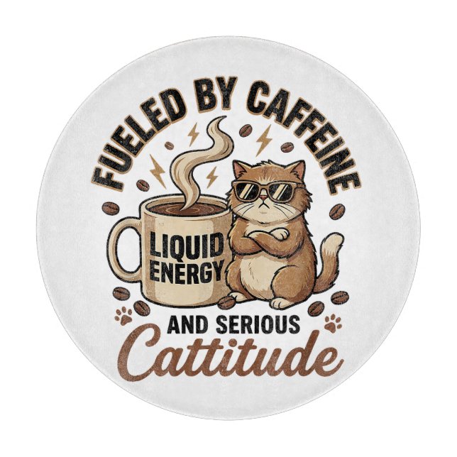 Planche À Découper Fueled by Caffeine and Serious Cattitude Funny Cat (Devant)