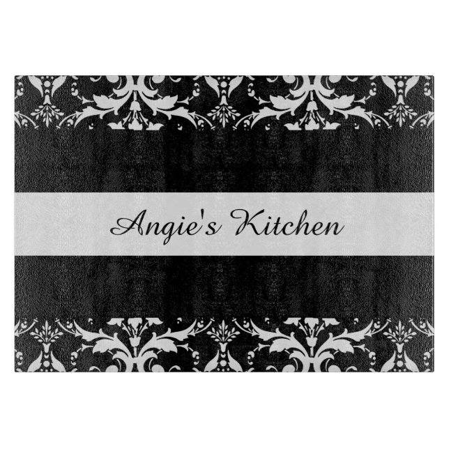 Planche À Découper Gadget de cuisine customisé noir et blanc Damas (Devant)