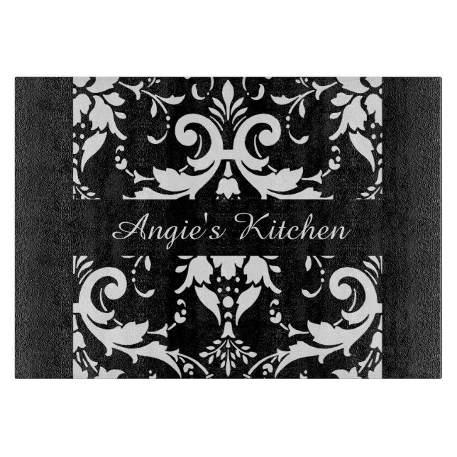 Planche À Découper Gadget de cuisine customisé noir et blanc Damas (Devant)