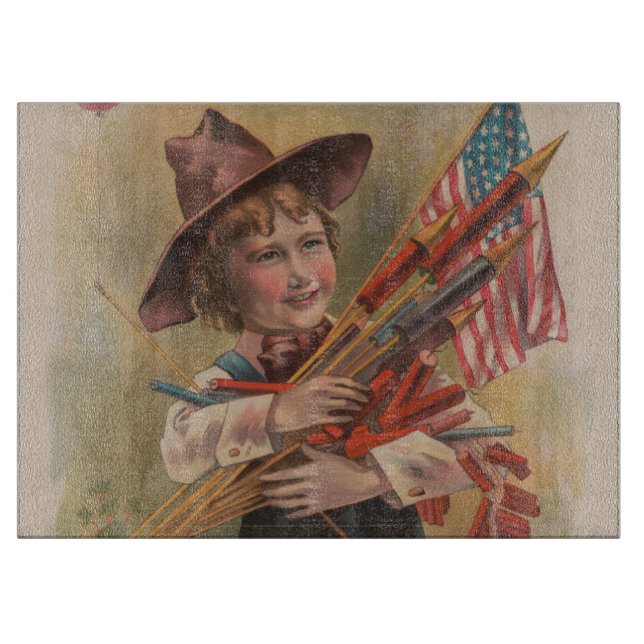 Planche À Découper Garçon avec Feux d'Artifice, Drapeau Américain, Im (Devant)