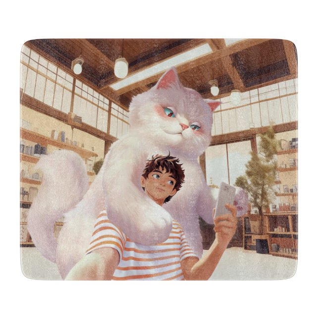 Planche À Découper Géant Fluffy : Selfie de chat blanc au café rétro (Devant)