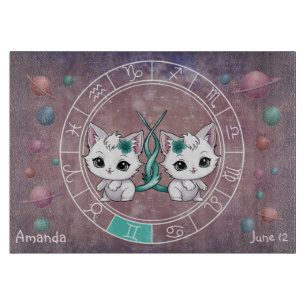 Planche À Découper Gemini astrologique Cute cat Zodiac Wheel Planet