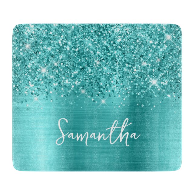 Planche À Découper Glittery Turquoise Blue Glam Name (Devant)