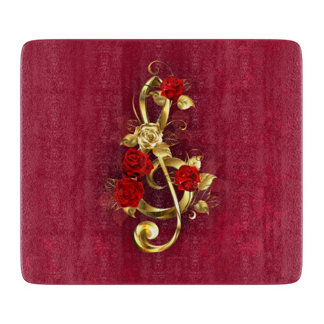 Planche À Découper Golden Treble Clef avec fleurs Roses (Devant)