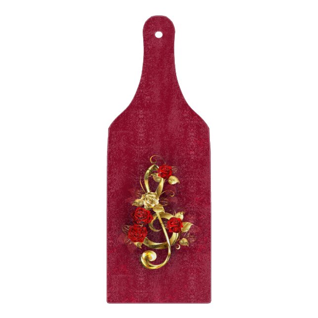 Planche À Découper Golden Treble Clef avec fleurs Roses (Devant)