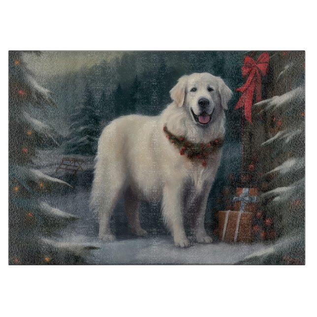 Planche À Découper Grande Pyrénées Chien dans la neige de Noël (Devant)