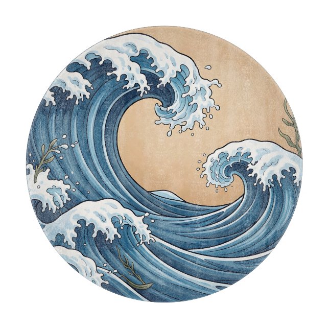 Planche À Découper Grandes vagues de l'océan bleu de style japonais  (Devant)