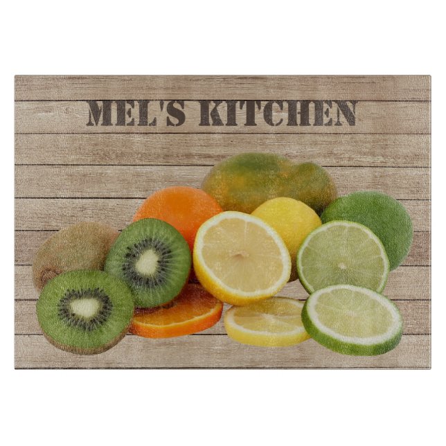 Planche À Découper Graphique de fruit d'agrumes sur fond effet bois (Devant)