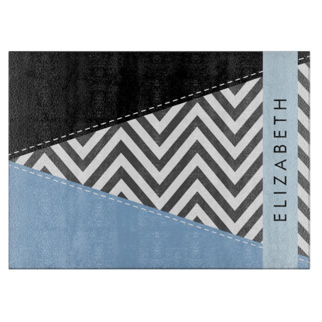 Planche À Découper Grey Zigzag, Grey Chevron, Bleu, Votre Nom (Devant)