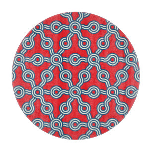 Planche À Découper Grille hexagonale, bleu rouge, motif géométrique.