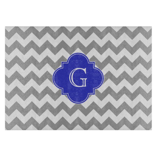 Planche À Découper Gris Blanc Chevron Bleu Cobalt Quatrefoil Monogram (Devant)