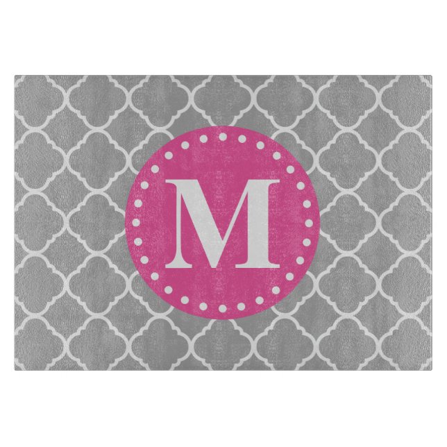 Planche À Découper Gris marocain Quatrefoil Motif rose Monogramme (Devant)