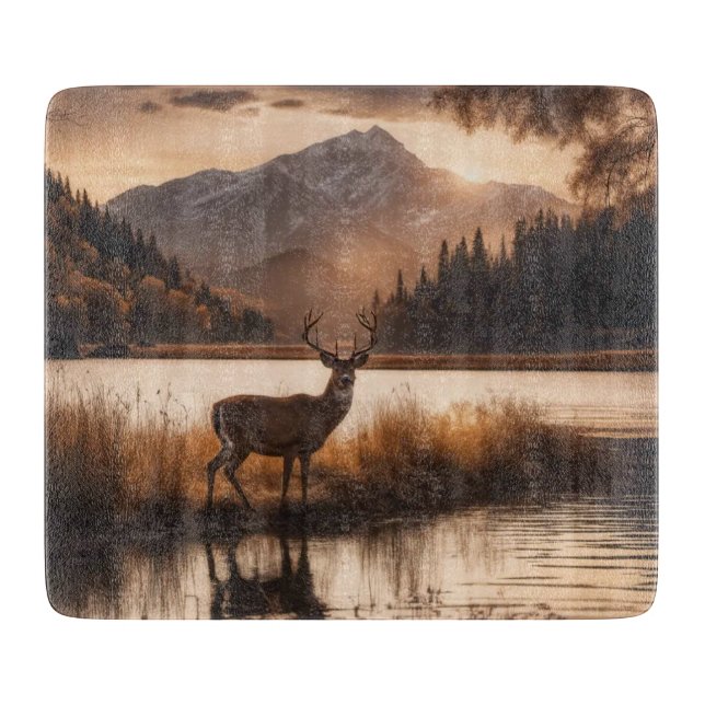 Planche À Découper Gros Cerf Racké sur le verre du lac Mountain (Devant)