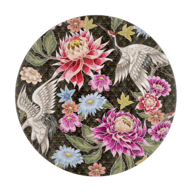 Planche À Découper Grues Asters : Peint Style Japonais sans Seamless (Devant)