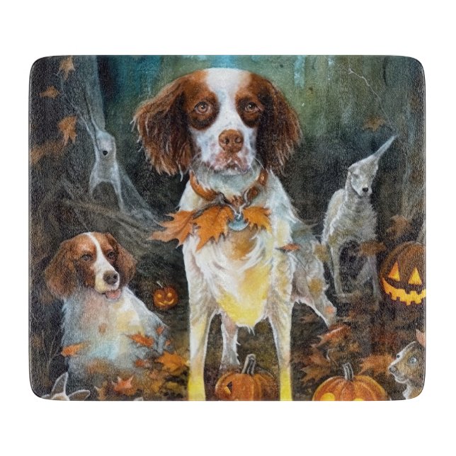 Planche À Découper Halloween Brittany Spaniel avec citrouilles effray (Devant)