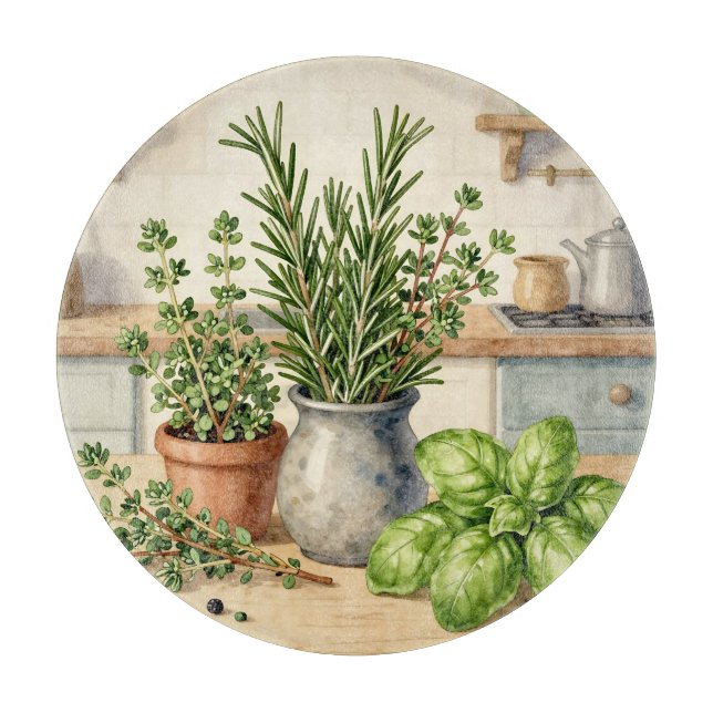 Planche À Découper Herbes fraîches de cuisine aquarelle  (Devant)