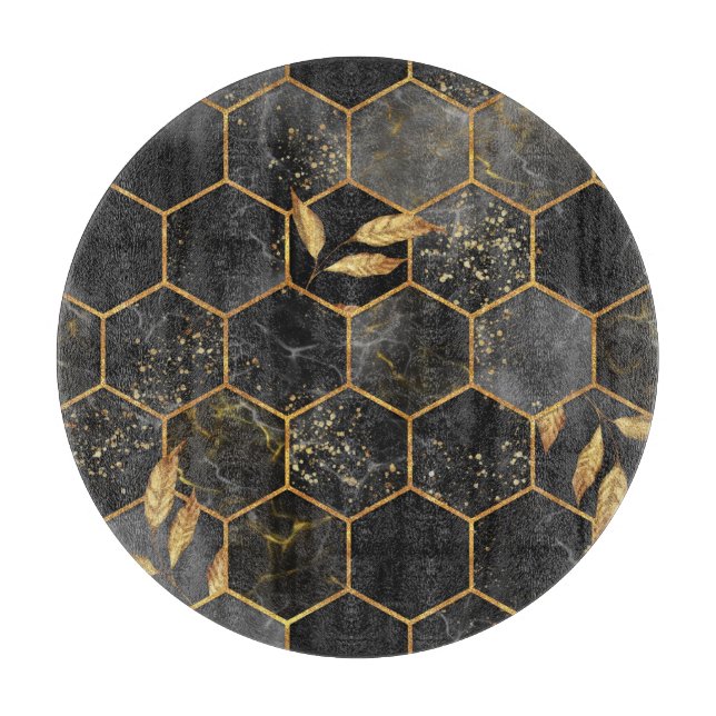 Planche À Découper Hexagon de marbre, Texture Feuille d'or. (Devant)