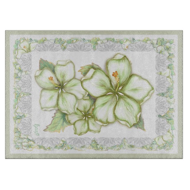 Planche À Découper Hibiscus & dentelle BLANC (Devant)