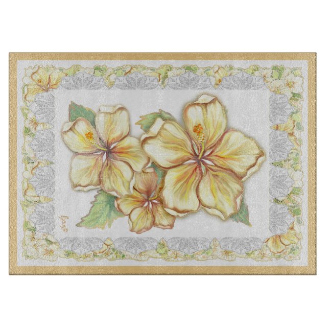 Planche À Découper Hibiscus & dentelle JAUNE (Devant)