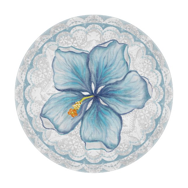 Planche À Découper Hibiscus & dentelle TURQUOISE (Devant)