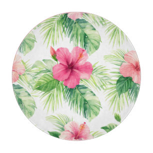 Planche À Découper Hibiscus rose tropical palmier aquarelle