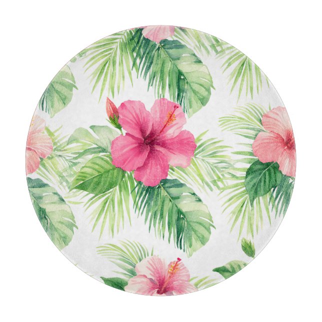Planche À Découper Hibiscus rose tropical palmier aquarelle (Devant)