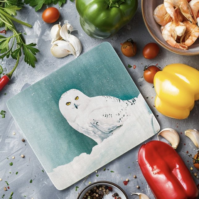 Planche À Découper Hibou blanc ciel arctique hiver neige sarcelle (Créateur téléchargé)