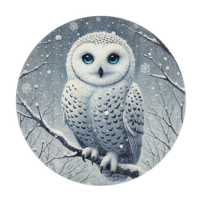 Planche À Découper Hibou des neiges perché sur une branche enneigée  (Devant)